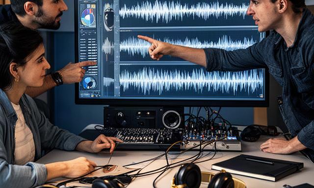 Equipo de agencia de marketing revisando ondas de audio de varios podcasts de clientes