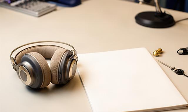 Auriculares y cuaderno de apuntes en una mesa de grabación universitaria