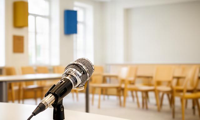 Micrófono preparado para una entrevista institucional en una sala luminosa