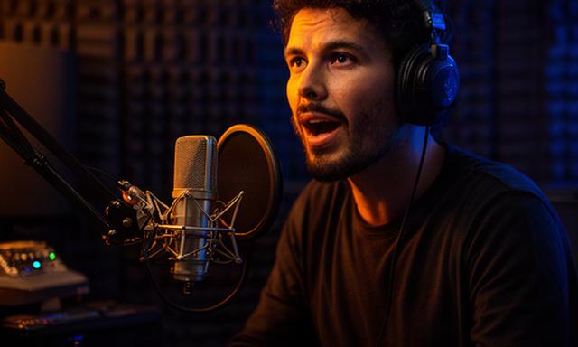 Creador independiente grabando una audioserie de ficción frente a un micrófono en el estudio