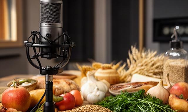 Micrófono de estudio junto a productos agroalimentarios de Lleida