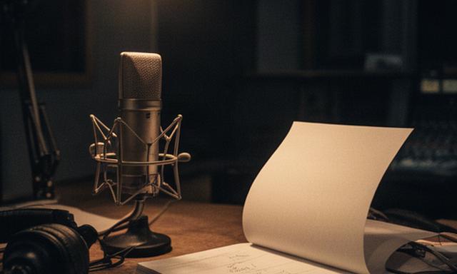 Guion de ficción sonora junto a un micrófono y una lámpara de estudio