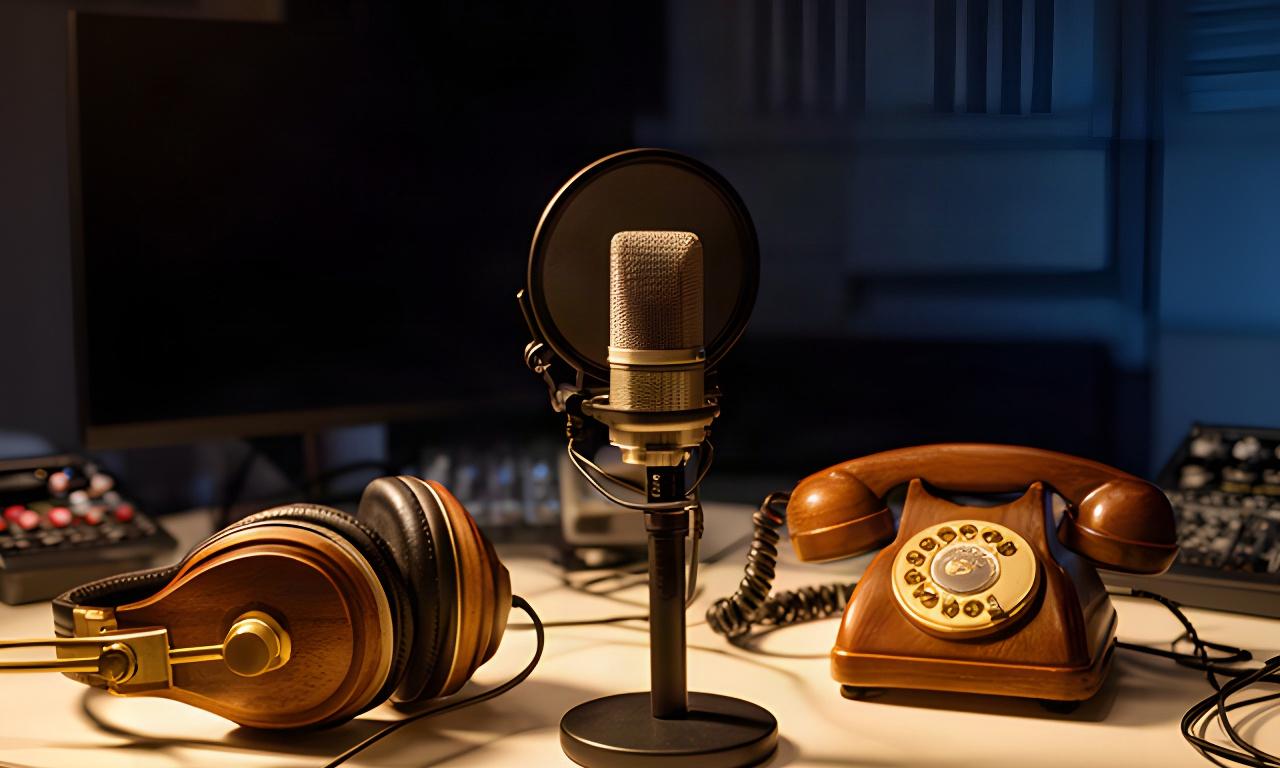Mesa de grabación de un estudio de podcasts en Lleida con micrófono, auriculares y teléfono vintage