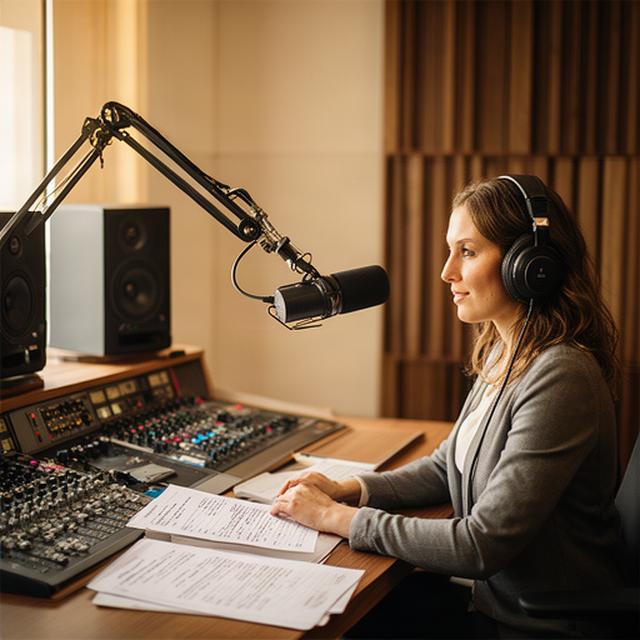 Editora de audio revisando una sesión de podcast con guion y notas en un estudio de Lleida