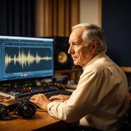 Joafel Leamore revisando una edición narrativa de podcast en una pantalla de audio