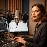 Pira Barrainkua ajustando una mesa de sonido junto a micrófonos de estudio