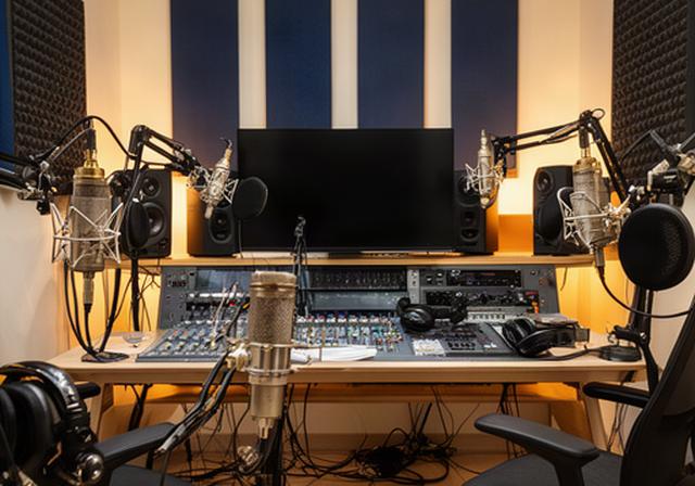 Interior de un estudio de podcasts en Camí de Montcada con micrófonos profesionales y mesa de control