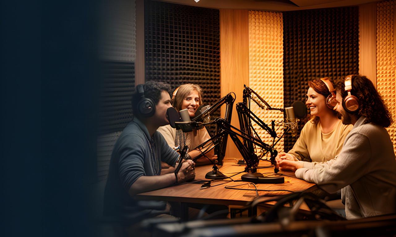 Creadores grabando una entrevista en una cabina de podcast acogedora en Lleida, con micrófonos profesionales y luces cálidas