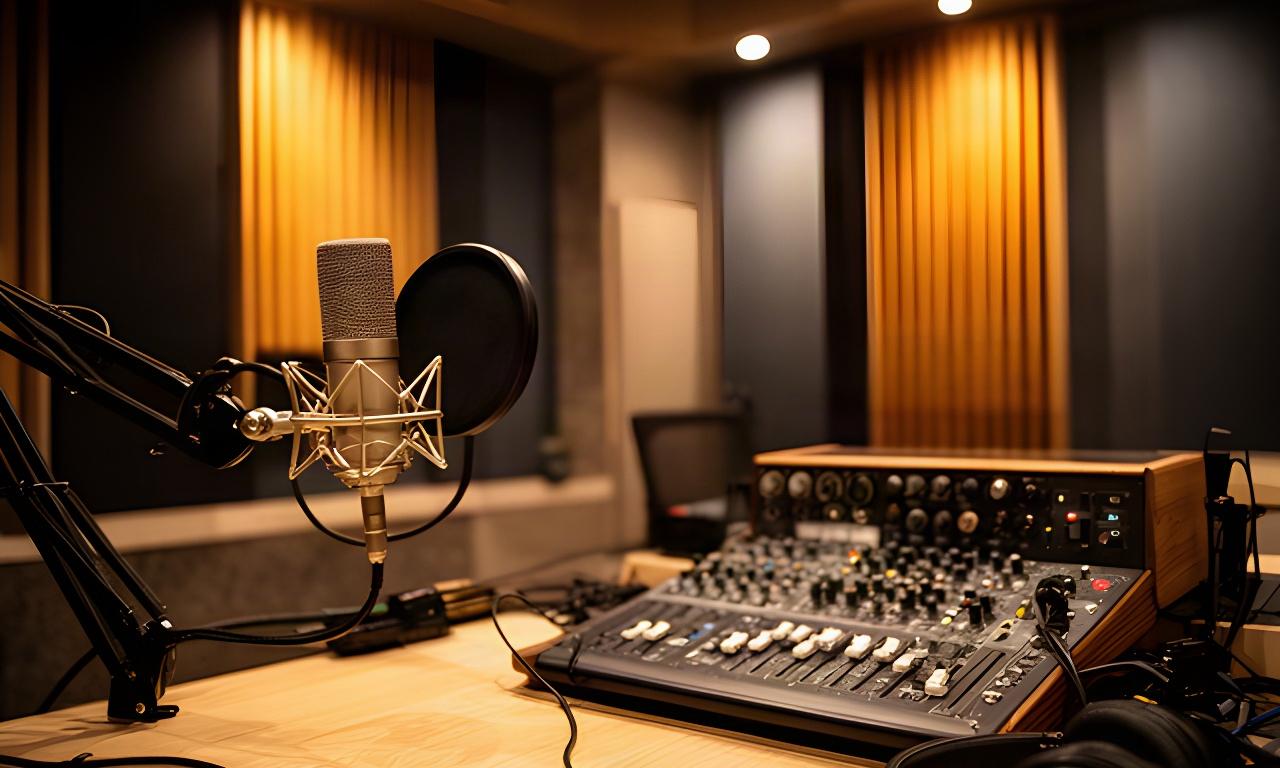 Interior cálido de un estudio de podcasts en Lleida con micrófono de condensador, mesa de grabación y paneles acústicos