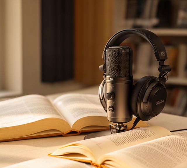 Mesa de estudio con libros universitarios, auriculares y micrófono profesional preparado para grabar una entrevista académica