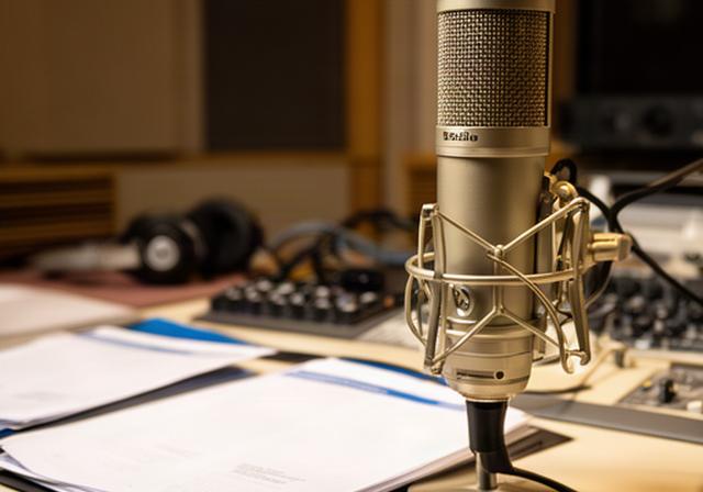 Micrófono profesional frente a una mesa de grabación con documentos institucionales en un estudio de Lleida