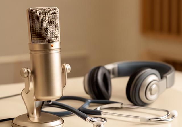 Micrófono de estudio junto a un estetoscopio y auriculares sobre una mesa clara de grabación