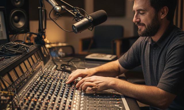 Técnica de sonido ajustando una consola en un estudio de podcasts de Lleida